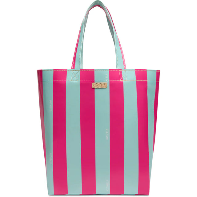 Striped tote bag with pink and blue vertical stripes on a white background