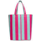 Tote bag with pink and blue vertical stripes on a white background
