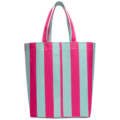 Tote bag with pink and blue vertical stripes on a white background