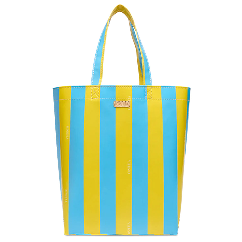 Yellow and blue striped tote bag on a white background