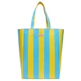Yellow and blue striped tote bag on a white background
