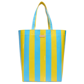 Yellow and blue striped tote bag on a white background
