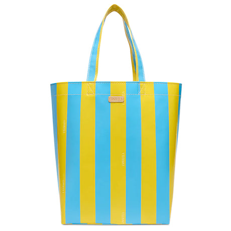 Yellow and blue striped tote bag on a white background