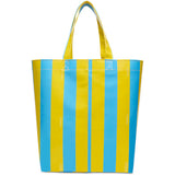 Yellow and blue striped tote bag on a white background