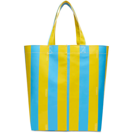 Yellow and blue striped tote bag on a white background