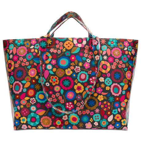 Colorful floral-patterned tote bag on a white background