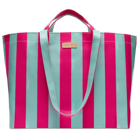 Striped tote bag with pink and blue vertical stripes on a white background