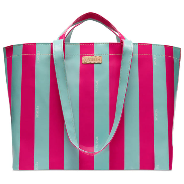 Striped tote bag with pink and blue vertical stripes on a white background