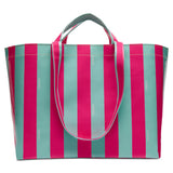 Striped tote bag with pink and teal vertical stripes on a white background