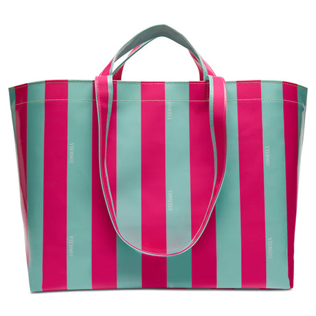 Striped tote bag with pink and teal vertical stripes on a white background