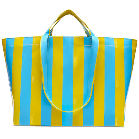 Blue and yellow striped tote bag on a white background