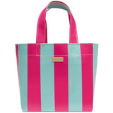 Striped pink and blue tote bag with a visible brand logo on a white background