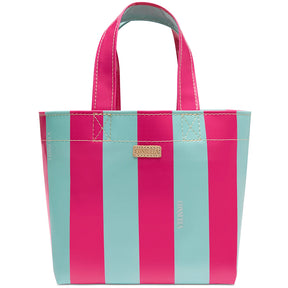Striped pink and blue tote bag with a visible brand logo on a white background