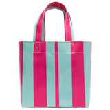 Tote bag with pink and light blue vertical stripes on a white background