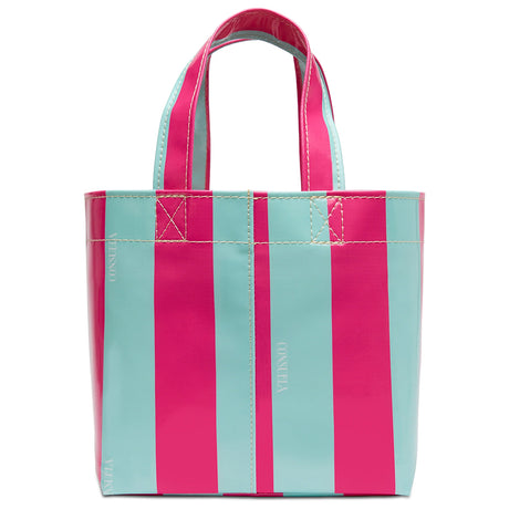 Tote bag with pink and light blue vertical stripes on a white background
