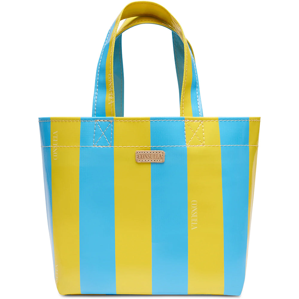 Yellow and blue striped tote bag on a white background