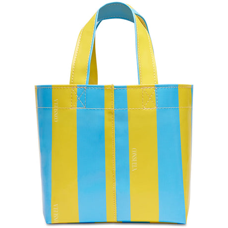 Yellow and blue striped tote bag on a white background