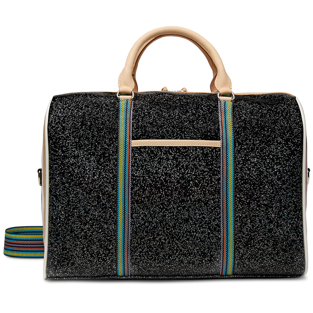 A black glittery duffel bag with beige leather handles and trim, featuring two vertical straps with blue, green, and red stripes, shown on a white background.