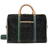 A black glittery duffel bag with beige leather handles and trim, featuring two vertical straps with blue, green, and red stripes, shown on a white background.