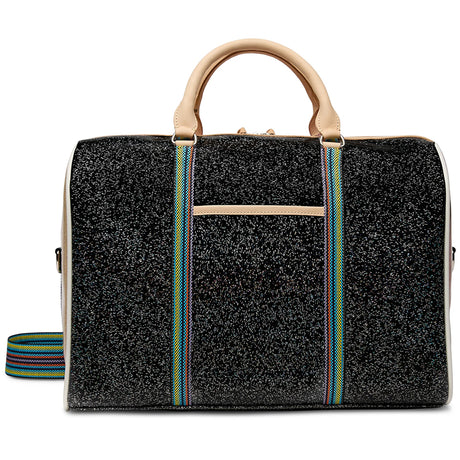 A black glittery duffel bag with beige leather handles and trim, featuring two vertical straps with blue, green, and red stripes, shown on a white background.