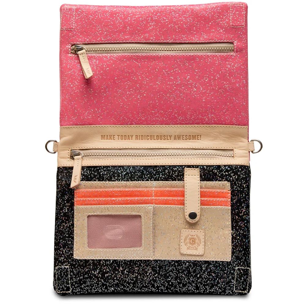 A structured zip-around pouch or organizer shown open against a white background. The exterior features a black and white speckled lower section with a beige cardholder, ID window, and small logo patch.