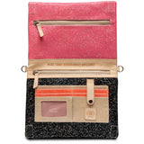 A structured zip-around pouch or organizer shown open against a white background. The exterior features a black and white speckled lower section with a beige cardholder, ID window, and small logo patch.