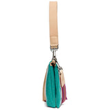 A side profile view of a handbag with a turquoise glittery body, beige leather strap and trim, and a pink and blue patterned accent panel, shown on a white background.