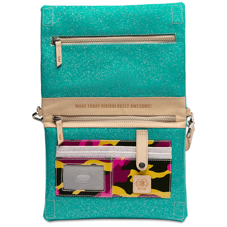 A turquoise glittery fabric organizer pouch with beige trim and multiple zippered compartments, including a colorful patterned card holder pocket on the front. The interior text reads 'MAKE TODAY RIDICULOUSLY AWESOME!' and a small logo patch says 'LOUNGE'.