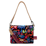 a colorful handbag with floral decorations, with a white background
