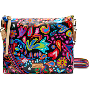 Colorful floral-patterned handbag with a visible brand logo on a white background