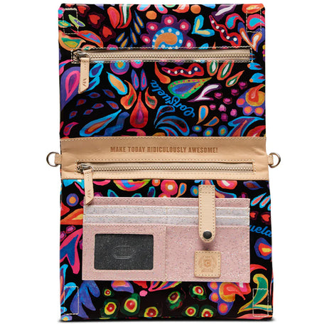 a colorful handbag with floral decorations, with a white background