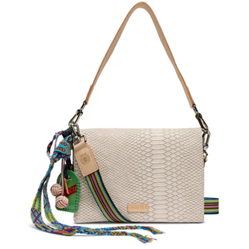 Beige handbag with a colorful strap on a white background
