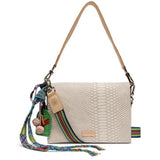 Beige handbag with a colorful strap on a white background