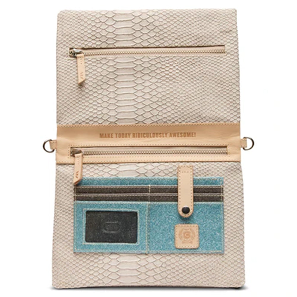 Woven pouch with a textured beige top section and blue interior pocket on a white background