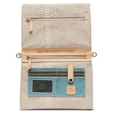 Woven pouch with a textured beige top section and blue interior pocket on a white background