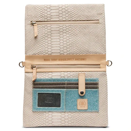 Woven pouch with a textured beige top section and blue interior pocket on a white background