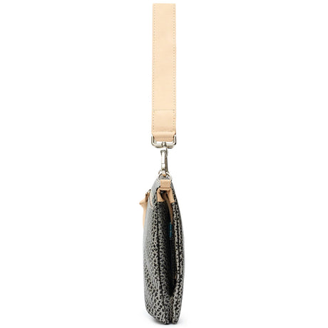 Side view of a slim wristlet clutch featuring a black and gray snakeskin pattern body, a light beige leather strap, and silver-tone hardware, shown against a plain white background.
