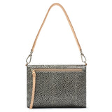 A rectangular shoulder bag with a textured black and gray animal print pattern, featuring a light tan leather shoulder strap and zipper trim, shown against a plain white background.