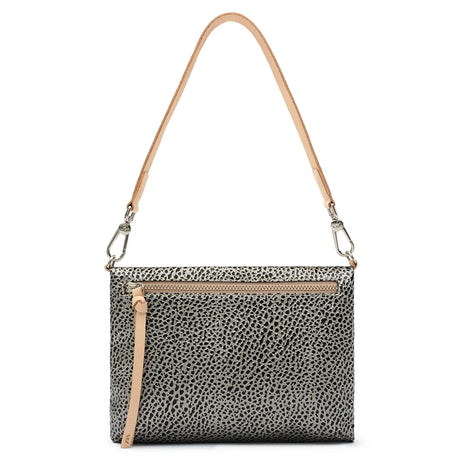 A rectangular shoulder bag with a textured black and gray animal print pattern, featuring a light tan leather shoulder strap and zipper trim, shown against a plain white background.