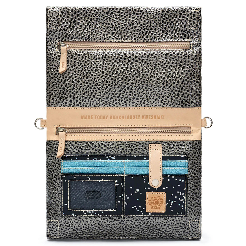 A G-1000 brand organizer pouch featuring a gray pebbled exterior, a tan leather horizontal band with the text 'MAKE TODAY RIDICULOUSLY AWESOME!', a light blue stripe, and dark navy pockets with white speckles.