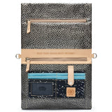 A G-1000 brand organizer pouch featuring a gray pebbled exterior, a tan leather horizontal band with the text 'MAKE TODAY RIDICULOUSLY AWESOME!', a light blue stripe, and dark navy pockets with white speckles.