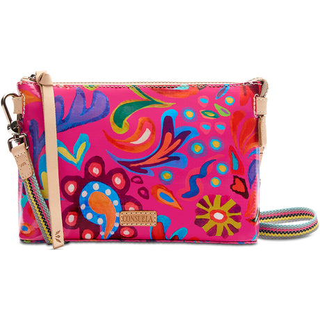 Colorful floral-patterned handbag with a strap on a white background