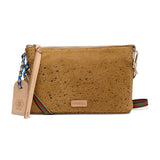 Brown cork handbag with colorful strap and visible brand logo on a white background