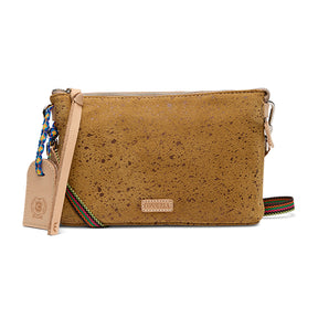 Brown cork handbag with colorful strap and visible brand logo on a white background