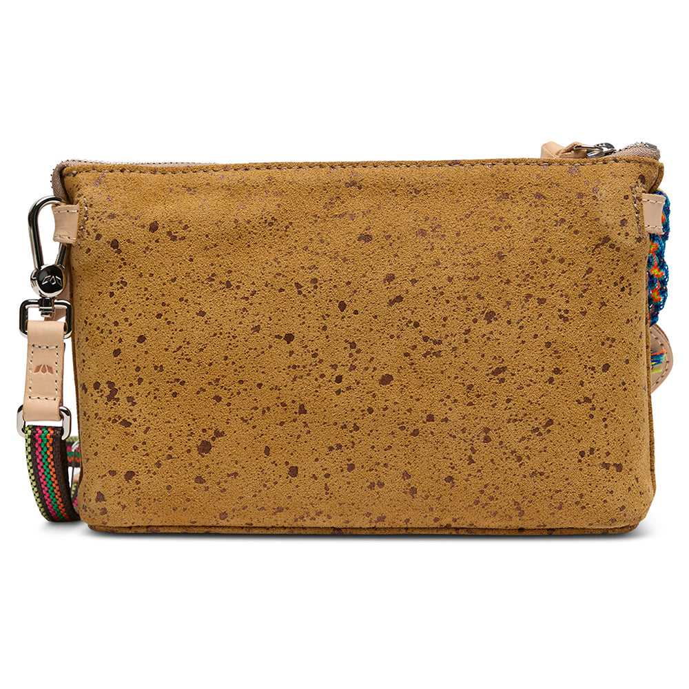 Brown textured pouch with a colorful strap on a white background