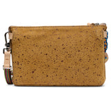 Brown textured pouch with a colorful strap on a white background