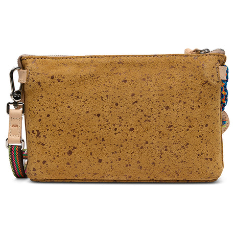 Brown textured pouch with a colorful strap on a white background