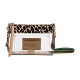 A clear PVC crossbody bag with a leopard print top flap, a tan leather-look front patch embossed with 'CONSUELA', and a multicolor woven strap, shown on a white background.