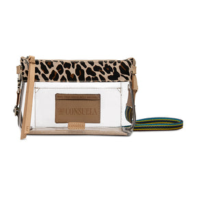 A clear PVC crossbody bag with a leopard print top flap, a tan leather-look front patch embossed with 'CONSUELA', and a multicolor woven strap, shown on a white background.