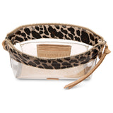 A Consuela cosmetic pouch with a leopard print pattern around the zipper, a clear plastic body, and a beige interior label.